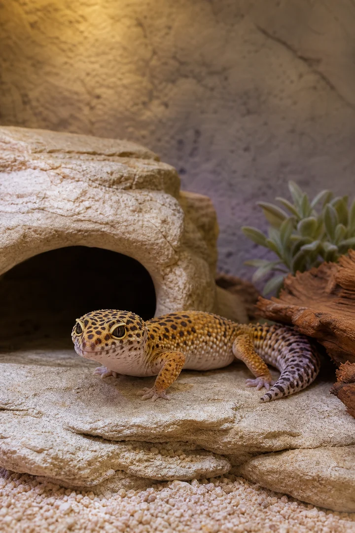 Ruhiger Leopardgecko in einem sorgfältig vorbereiteten, naturnahen Habitat