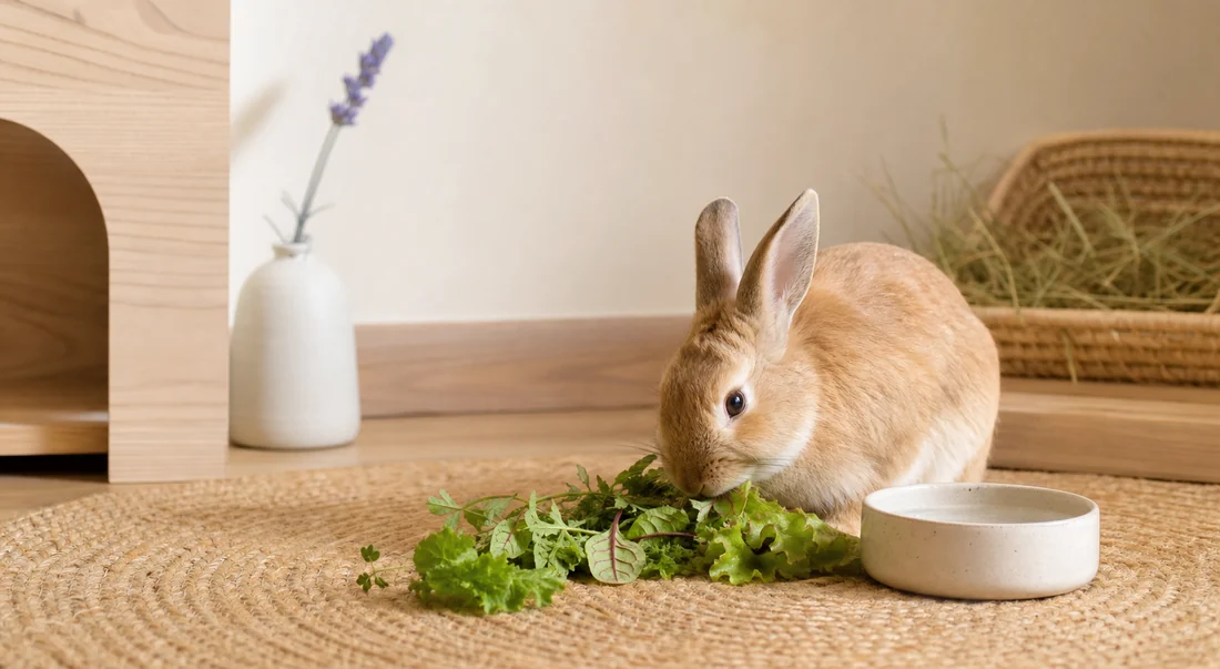Entspanntes Kaninchen mit frischem Grünfutter in einer sauberen, vertrauten Wohnumgebung